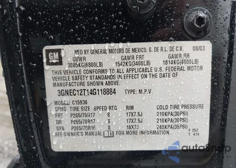 2004 Chevrolet Avalanche 1500 from USA, damaged, VIN 3GNEC12T14G118884